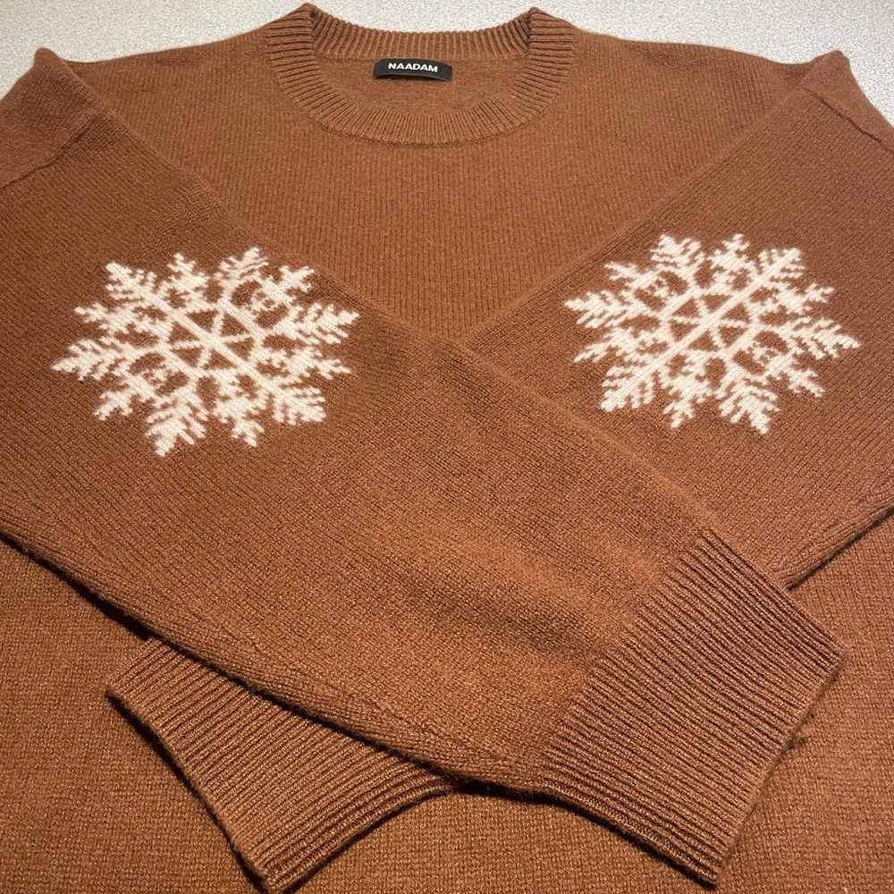 NAADAM Brown Crewneck Sweater with White Snowflake Elbow Patches